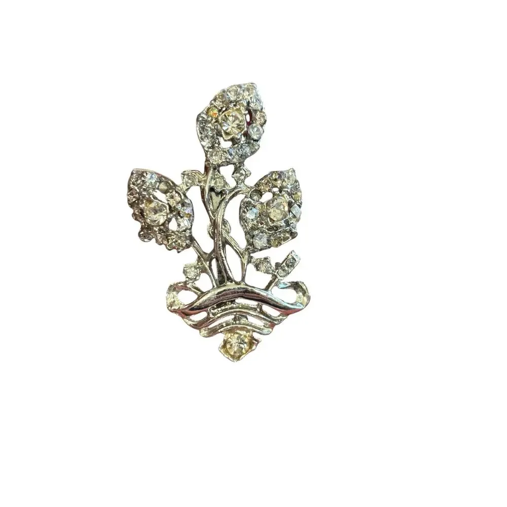 Vintage Rhinestone Flower Basket Brooch Silver Tone Bridal 1940s 50s